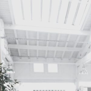 A bright, modern workspace featuring laptops, a camera, and a drawing tablet in an indoor office.