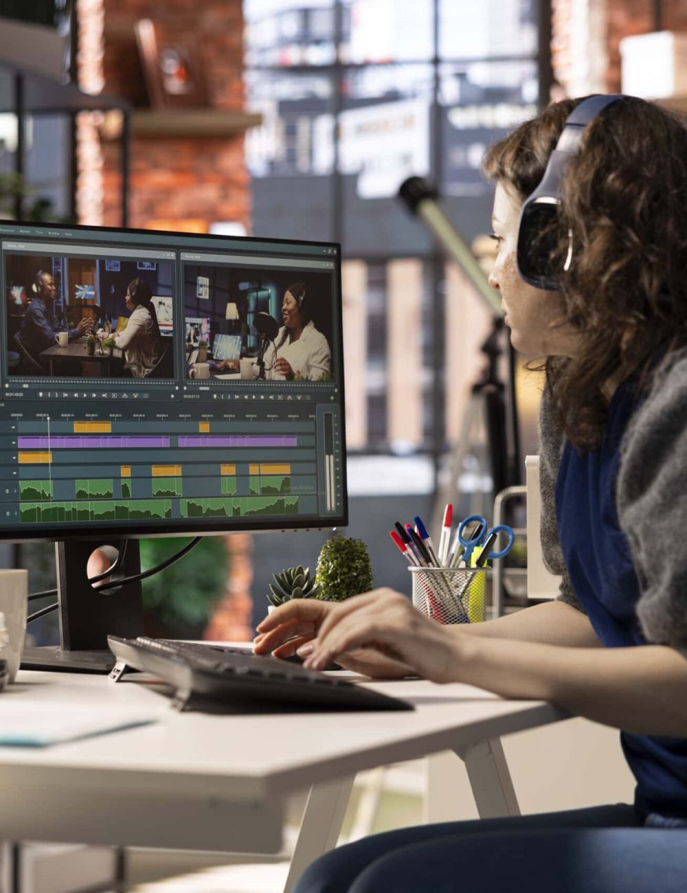 Female filmmaker working on media post production from agency office, ensuring the editing timeline and color correction for a video shoot. Tech driven workspace showcases a digital workflow.